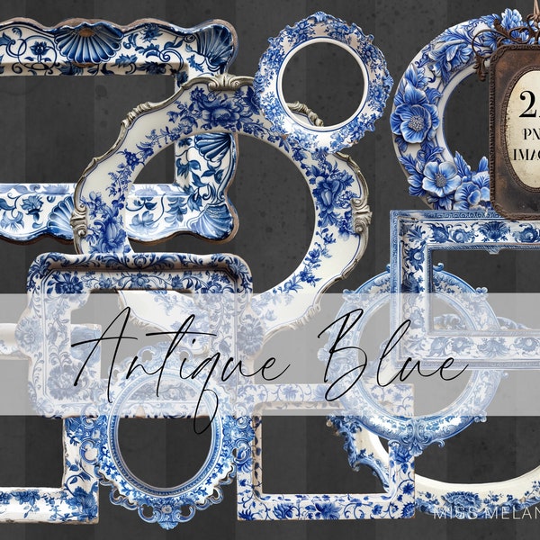 22 Vintage Blue & White Delft China Photo Frame Bundle Png, Old Artful Frame clipart, Junk Journal collage pages, 5 fussy cut sheets, diy CU