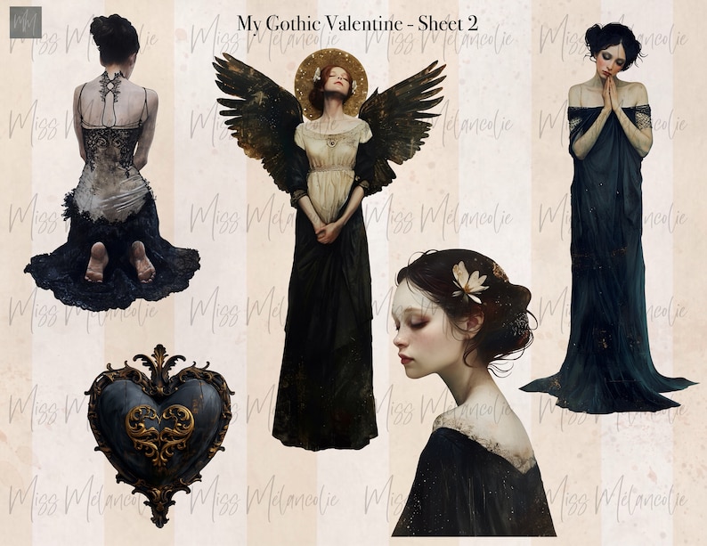 This Valentine Goth fussy cut sheet includes 1 angel kneeling back on, 1 renaissance angel with aged grunge wings & a renaissance style painting gold foil halo dressed in black and cream, ornate black and gold heart, praying angel, close up angel