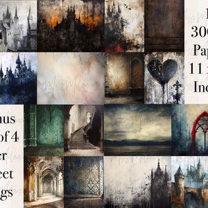 16 gothic style backgrounds 11 x 8.5 inches, portrait & landscape orientations. Gothic castles, gothic interiors & exteriors. In muted dark rich color scheme. Distressed grungy painterly mixed media style. Wide variety of backgrounds for diy collage