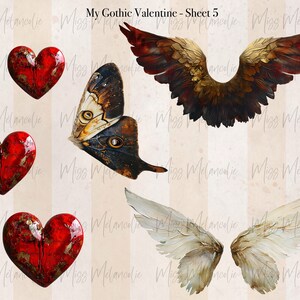 Fussy cut sheet with shiny handmade read glass heart, single side profile moth wing, red and gold feathered wing set, cream painterly style mixed media wing set. Part of a 42 item gothic valentine junk journaling kit for collage style art creation