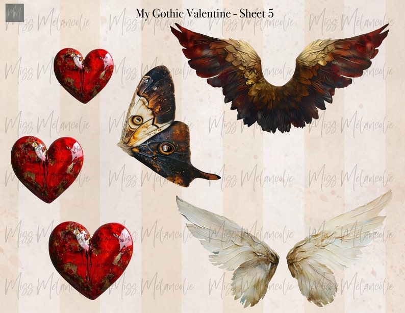 Fussy cut sheet with shiny handmade read glass heart, single side profile moth wing, red and gold feathered wing set, cream painterly style mixed media wing set. Part of a 42 item gothic valentine junk journaling kit for collage style art creation
