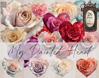 26 Painted Rose Heart Bundle Png, Valentines Heart shaped Rose clipart, Junk Journal collage pages, 5 fussy cut sheets, diy downloadable kit