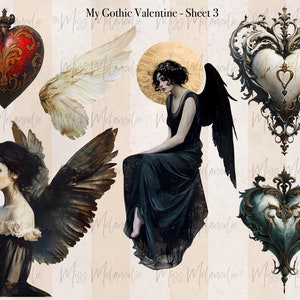 This fussy cut sheet has an aged antique red sacred heart, ornate cream heart surrounded by filigree. Ice blue ornate heart,  2 angels with wings and gold foil renaissance halo on one. Lastly a cream side profile wing, mixed media painterly style.