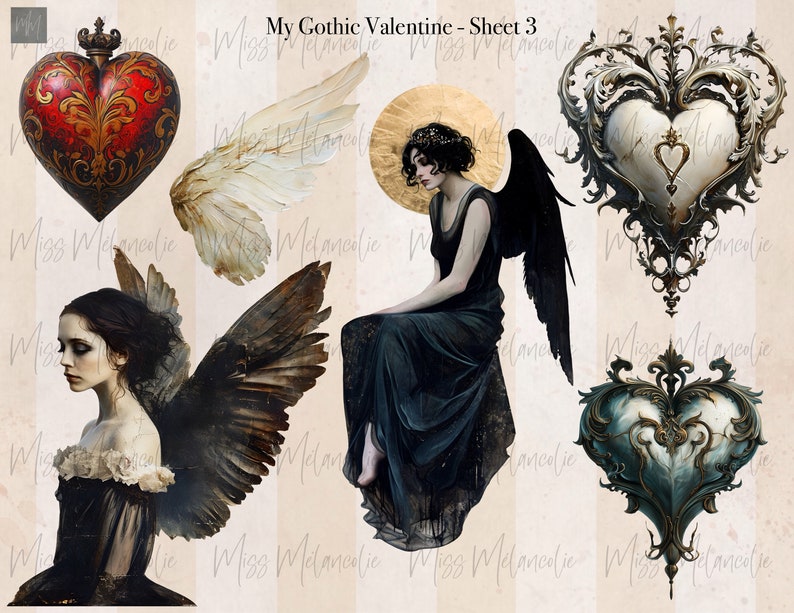 This fussy cut sheet has an aged antique red sacred heart, ornate cream heart surrounded by filigree. Ice blue ornate heart,  2 angels with wings and gold foil renaissance halo on one. Lastly a cream side profile wing, mixed media painterly style.