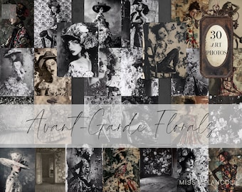 30 Sublime Avantgarde Floral Fashion Beauties Art Photo Kit, Grunge Distressed Bundle jpeg, 11 x 8.5 Junk Journal printable vintage photos