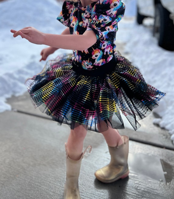 Handmade Psychedelic Rainbow on Black Tulle Tutu Skirt