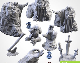 Terreno para jogos de guerra com ruínas e estátuas, escala 32 mm/28 mm.