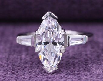2.0 CT Three Stone Marquise Moissanite Engagement Ring, Baguette Cut Side Diamond Wedding Ring, Art Deco Style Ring, Unique Prong Set Ring