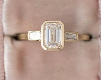 2.0 Ct Emerald Cut Bezel Set Wedding Ring, Three Stone Engagement Ring, Side Tapered Baguette Cut Proposal Ring, Solid Yellow Gold Ring