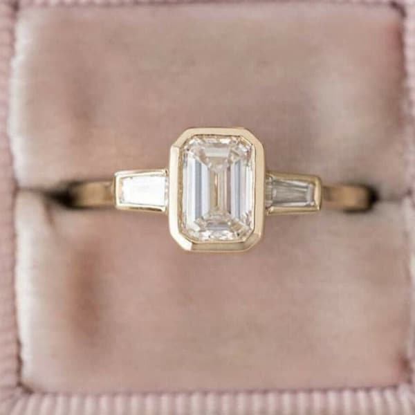 2.0 Ct Emerald Cut Bezel Set Wedding Ring, Three Stone Engagement Ring, Side Tapered Baguette Cut Proposal Ring, Solid Yellow Gold Ring