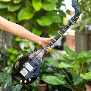 Black Acoustic Electric Thai Asian Guitar 3 Strings, Isarn Mandolin Musical Instrument, Traditional Classical Folk Music N095