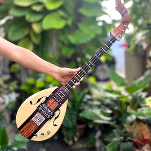 Acoustic Electric Thai Asian Guitar 3 Strings, Isarn Mandolin Musical Instrument, Traditional Classical Folk Music N067