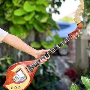 Acoustic Electric Thai Asian Guitar 3 Strings, Isarn Mandolin Musical Instrument, Traditional Classical Folk Music N107