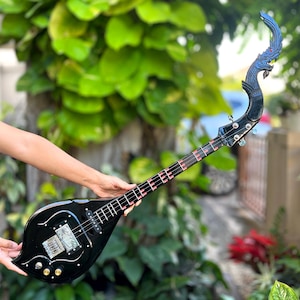 Black Acoustic Electric Thai Asian Guitar 3 Strings, Isarn Mandolin Musical Instrument, Traditional Classical Folk Music N094
