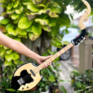 Black Acoustic Electric Thai Asian Guitar 3 Strings, Isarn Mandolin Musical Instrument, Traditional Classical Folk Music N075