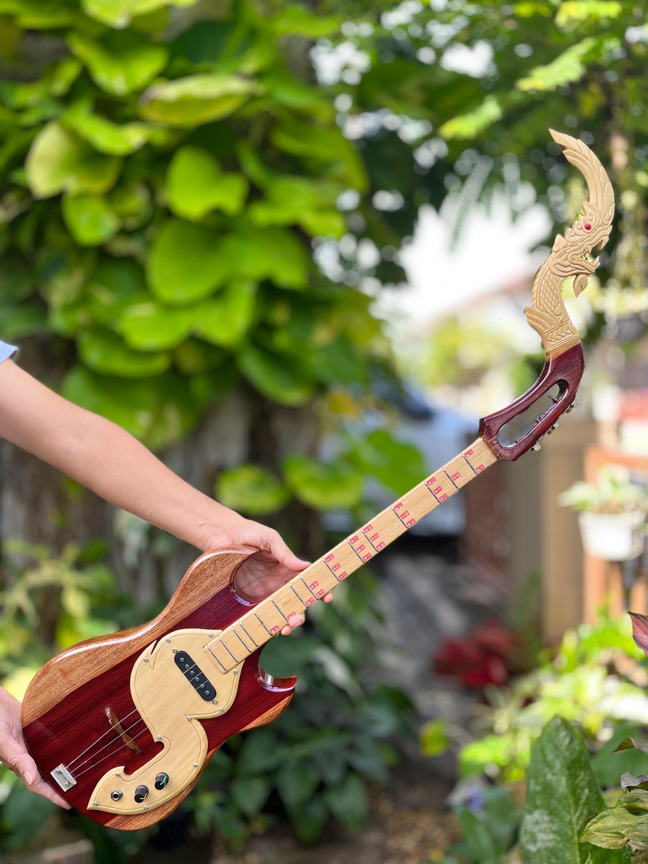 Electric Thai Asian Guitar 3 Strings, Isan Mandolin Musical Instrument, Traditional Classical Folk Music N009