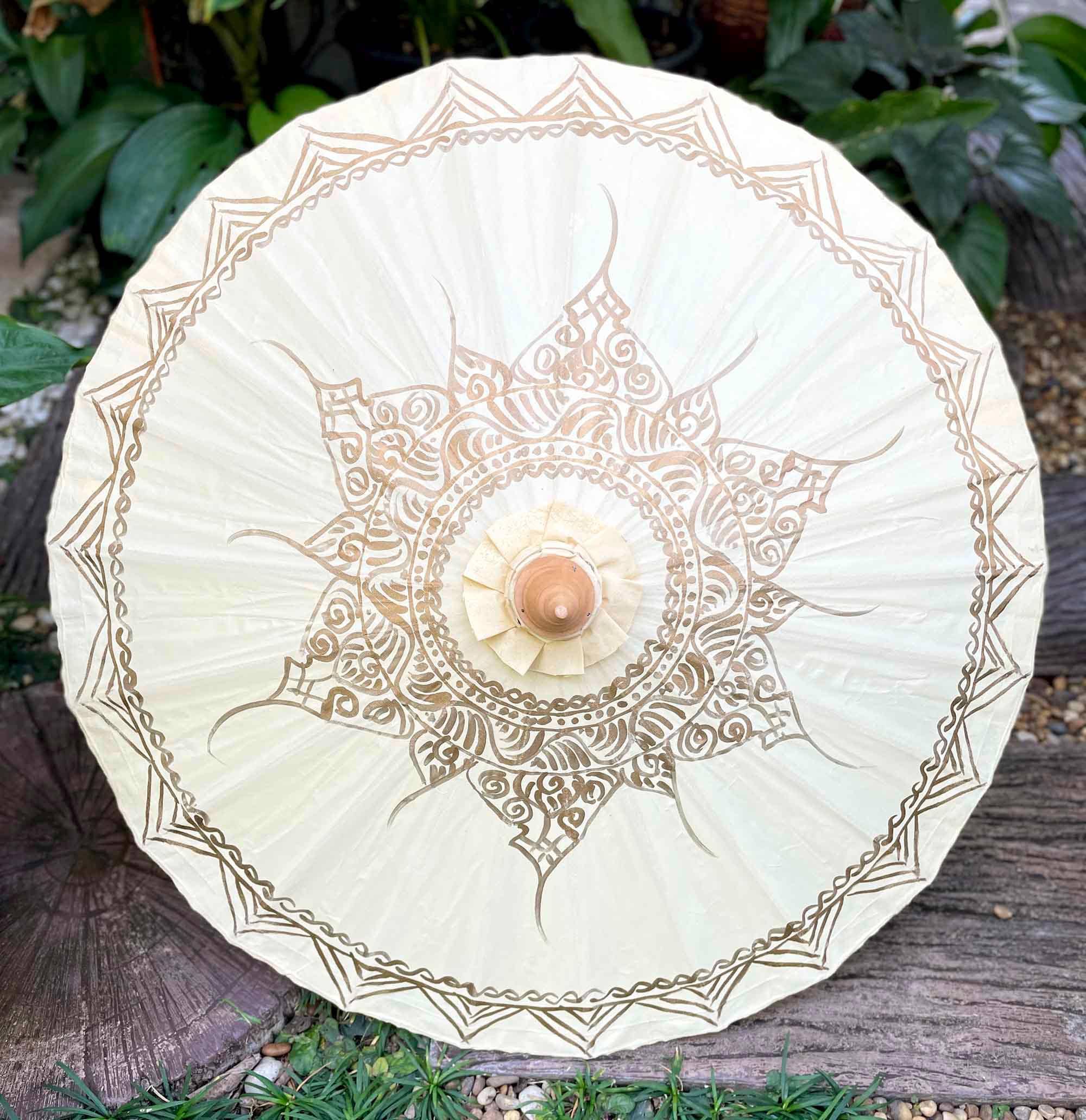 Handcrafted Bo Sang Traditional Thai Cotton Umbrella, Waterproof Asian Umbrella, Parasol for Sunshade, Decoration or Gift Cream U3