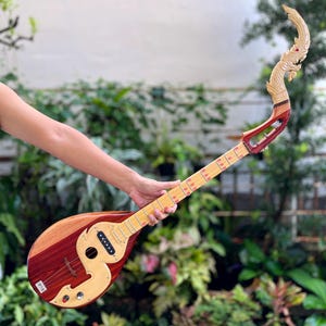 Acoustic Electric Thai Asian Guitar 3 Strings, Isarn Mandolin Musical Instrument, Traditional Classical Folk Music N035