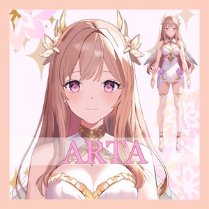 Peut inclure: Illustration numérique d'une femme aux longs cheveux châtains clairs portant une robe blanche avec des accents dorés. Elle a les yeux roses et un sourire doux. Le mot "ARTA" est écrit en lettres roses en bas de l'image.