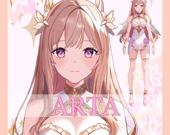 May include: A digital illustration of a woman with long, light brown hair wearing a white dress with gold accents. She has pink eyes and a gentle smile. The word "ARTA" is written in pink letters across the bottom of the image.