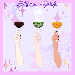May include: Three Halloween-themed cocktails in wine glasses. The first glass contains red wine, the second glass contains a green drink with eyeballs, and the third glass contains an orange drink with candy corn.