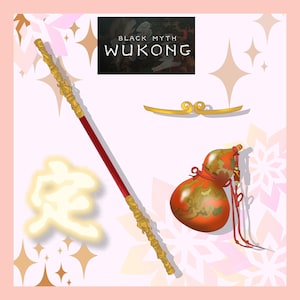 May include: A set of four items, including a red and gold staff, a gold and red gourd, a gold ribbon, and a white symbol with the Chinese character for "love". The text "BLACK MYTH WUKONG" is in a black box.