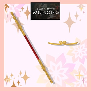 May include: A red and gold staff with a decorative top and a gold band. The staff is on a white background with a pink border and a gold star pattern. The text "BLACK MYTH WUKONG" is in the top left corner of the image.