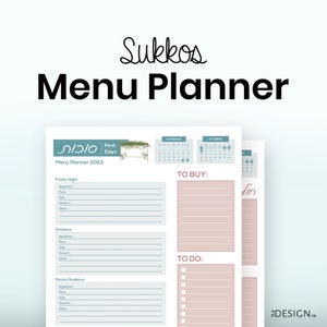 May include: A white menu planner with the text "Sukkos Menu Planner" in black. The planner includes sections for menu planning, to-buy lists, and to-do lists. It features a calendar for September and October.