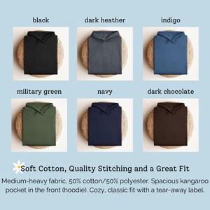 May include: Six folded hooded sweatshirts in black, dark heather, indigo, military green, navy, and dark chocolate. Text reads: Soft Cotton, Quality Stitching and a Great Fit. Medium-heavy fabric, 50% cotton/50% polyester. Spacious kangaroo pocket.