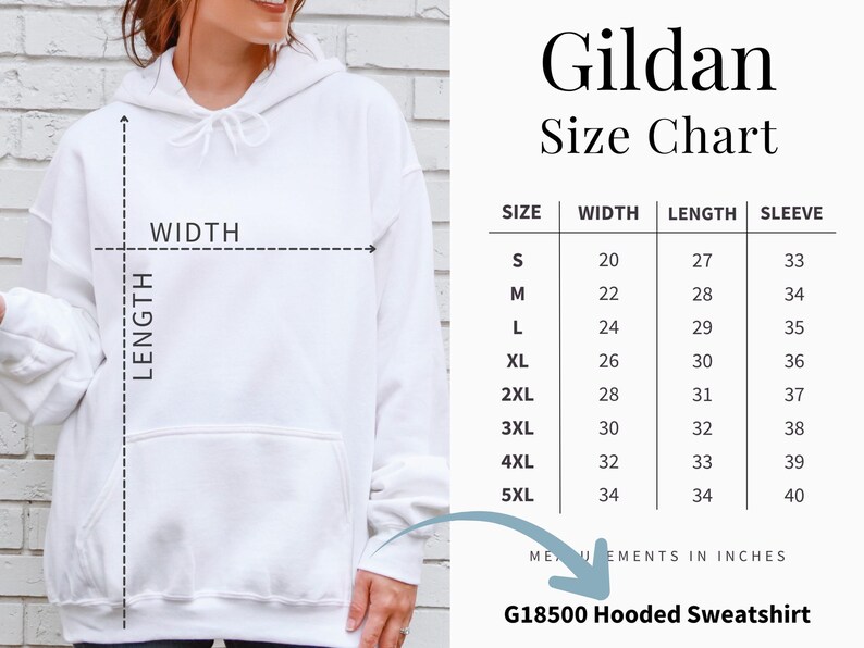 May include: A white hooded sweatshirt with a front kangaroo pocket and matching drawstring. A size chart for the G18500 model is displayed, listing sizes S through 5XL with width, length, and sleeve measurements provided in inches.