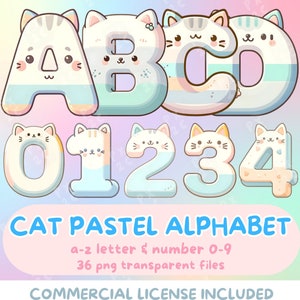 Set di alfabeto e numeri con gatti ad acquerello pastello - File PNG trasparenti dalla A alla Z, 0-9, 300 DPI, download digitale per uso personale e commerciale