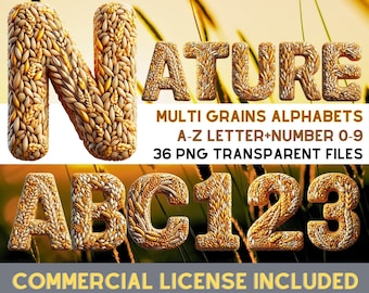 May include: A set of 36 alphabet letters and numbers made from various grains, such as wheat and barley. The letters and numbers are rendered in a 3D style and have a realistic texture. The image includes the text "MULTI GRAINS ALPHABETS A-Z LETTER+NUMBER 0-9 36 PNG TRANSPARENT FILES COMMERCIAL LICENSE INCLUDED UNIQUE DESIGN, EASY TO USE".