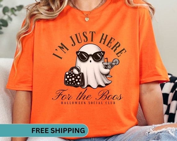 Halloween T-Shirt For Women - "I'm Just Here Boos" Funny Graphic Tee, Burnt Orange, Large