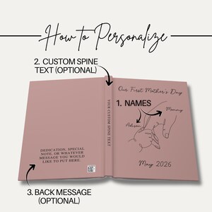 May include: A dusty rose-coloured book with the text "How to Personalize." The open book displays a line drawing of a hand holding a baby's hand, with the words "Our First Mother's Day," "Names," and "May 2026."