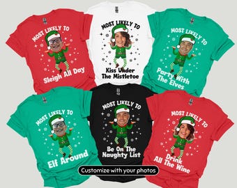 Magliette pigiama natalizie divertenti e personalizzate, magliette personalizzate con foto del volto della famiglia più probabile, magliette carine per le feste di gruppo, pigiami con foto