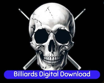 Billiards Skull SVG PNG | Pool Skeleton Head with Cue Sticks | Snooker Clipart Design