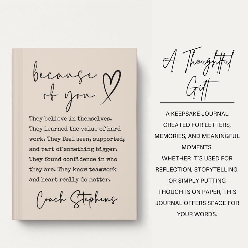 May include: A beige journal with the words "because of you" and a heart symbol. The journal includes text about self-belief and teamwork. The right side of the image says "A Thoughtful Gift" and describes the journal as a keepsake for letters and memories.