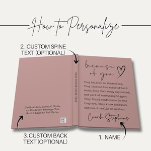 May include: Open book with a dusty rose cover, featuring the text "How to Personalize." The left page has text for a dedication. The right page has the text "because of you" and a heart symbol, with additional text below. The spine reads "YOUR CUSTOM SPINE TEXT."