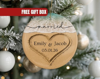 First Christmas Married Ornament, Beach Wedding Favor Custom Married Keepsake Newlywed Christmas Ornament, Personalized Wedding Gift 2025