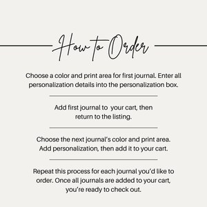 May include: Image with the text "How to Order" in elegant script. Instructions include choosing colors, adding personalization, and adding journals to the cart. The process is repeated for each journal before checkout.