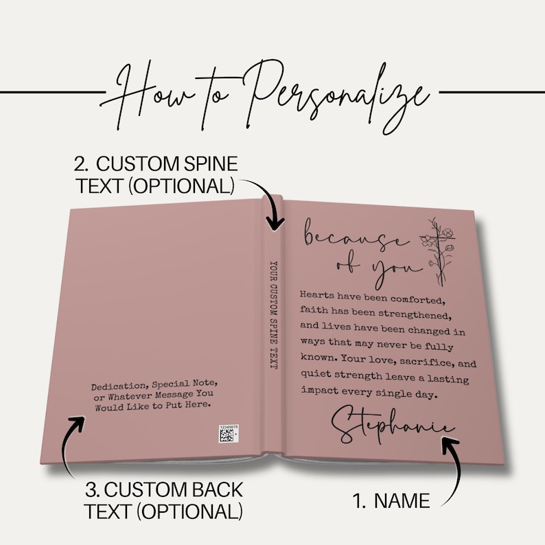 May include: Open book with a dusty rose cover, featuring the text "because of you" and a floral cross illustration. The inside pages include personalized text options for the name, spine, and back cover. The book is designed for customization.