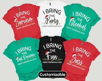 May include: Six different t-shirts with a Christmas theme. Each shirt has a different saying on it, such as "I bring the sarcasm" and "I bring the fun".