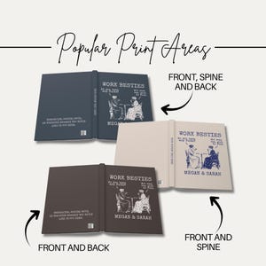 May include: Three book covers in dark blue, light beige, and dark brown, each featuring the text 'WORK BESTIES' and an illustration of two people at a table. The covers display print areas labeled 'FRONT, SPINE AND BACK' and 'FRONT AND BACK' with arrows.