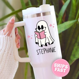 Custom 40oz Halloween Tumbler Ghost Reading Books Tumbler Spooky Tumblers Cute Ghost Reading Cup for Halloween Lovers Gift Spooky Travel Mug
