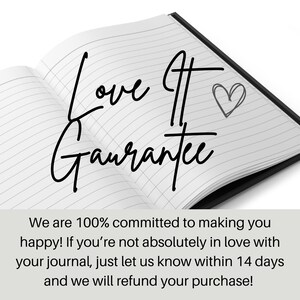 May include: Open notebook with lined pages and the text "Love It Guarantee" written in black cursive. The text is accompanied by a small heart drawn in pencil.