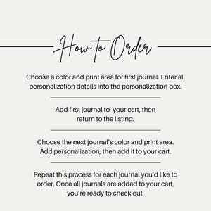 Op de afbeelding: Afbeelding met de tekst "How to Order" in elegant schrift. Instructies omvatten het kiezen van kleuren, het toevoegen van personalisaties en het toevoegen van journals aan de winkelwagen. Het proces wordt herhaald tot aan de kassa.