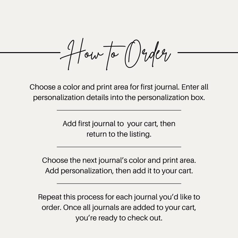 Op de afbeelding: Afbeelding met de tekst "How to Order" in elegant schrift. Instructies omvatten het kiezen van kleuren, het toevoegen van personalisaties en het toevoegen van journals aan de winkelwagen. Het proces wordt herhaald tot aan de kassa.