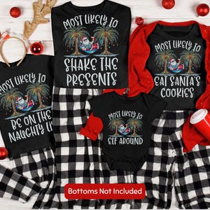 Tropical Christmas Beach Matching Shirts, Custom Most Likely To Family Christmas Palm Tree T-Shirts, Personalized Group Holiday Beach Tees
