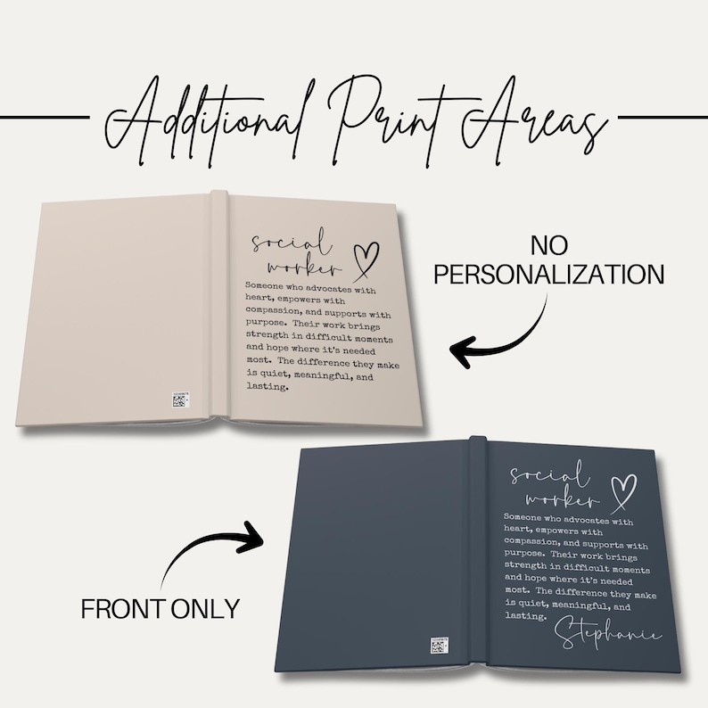 May include: A notebook with the words "social worker" and a heart symbol on the cover. The text describes the role of a social worker. The notebook is shown in two colors, beige and dark blue, with the option for personalization.