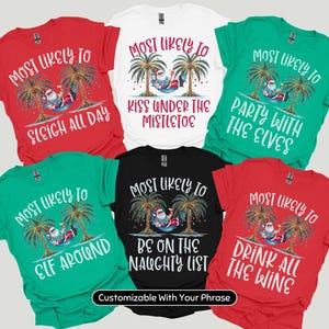 Tropical Christmas Beach Matching Pajama Shirts, Custom Most Likely To Family Christmas Palm Tree T-Shirts, Cute Group Holiday Tees, PJs